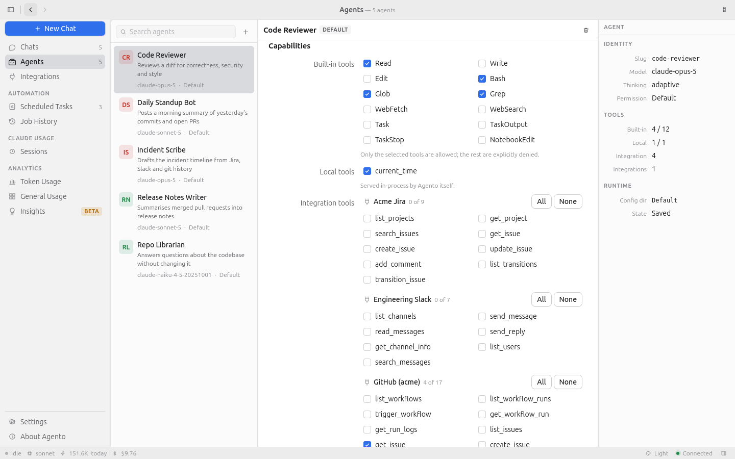 Agento's agent builder: system prompt, model, tools and permission mode in three resizable panes